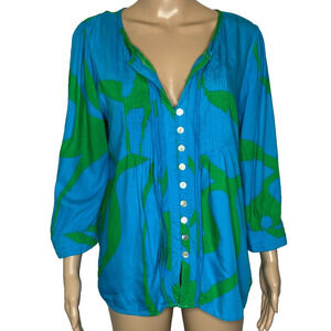 Women's Large Escapada Blue Floral Button Front Accordion Pleat Blouse